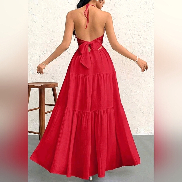 New Boho Halter Tie Back Tiered Maxi Dress Red - Picture 1 of 8